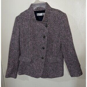 TAHARI by ASL Miliary Style Blazer Tweed Jacket Stand Collar Pink Grey  Size 10